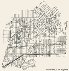 Fototapeta na wymiar Detailed hand-drawn navigational urban street roads map of the CITY OF ALHAMBRA of the American LOS ANGELES CITY COUNCIL, UNITED STATES with vivid road lines and name tag on solid background