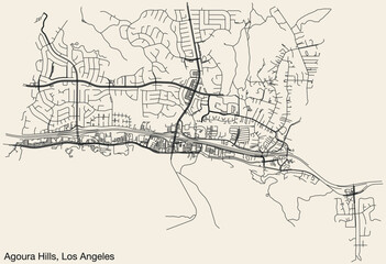 Obraz premium Detailed hand-drawn navigational urban street roads map of the CITY OF AGOURA HILLS of the American LOS ANGELES CITY COUNCIL, UNITED STATES with vivid road lines and name tag on solid background