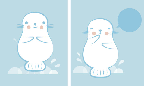 Illustration d'un phoque blanc du grand Nord, personnage mignon avec un sourire enfantin, dessin de mammif&egrave;re marin sur fond bleu ciel, style phoque du Groenland