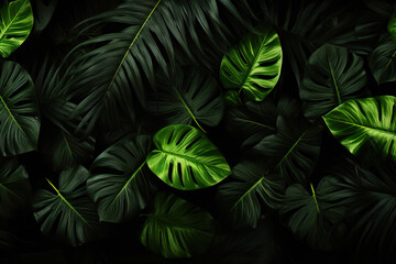 Obraz premium Close-up of Green Leaves on a Black Background. Generative Ai