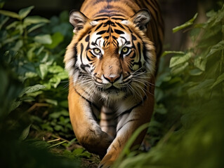 The fierce focus of a tiger in the wild, its stripes and eyes telling a story of survival.