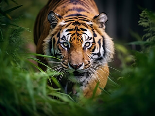 The fierce focus of a tiger in the wild, its stripes and eyes telling a story of survival.