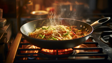 Wok noodles with vegetables are cooked in a frying pan - obrazy, fototapety, plakaty