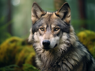 Naklejka na ściany i meble The watchful eyes of a wolf, its fur and features exuding the essence of the wild.
