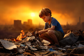 young boy recycling in the middle of a field full of garbage with the city in the background, IA generativa