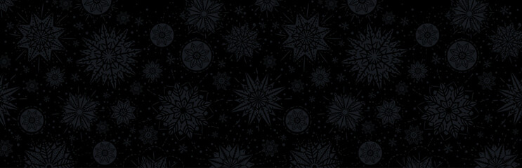 Black christmas banner with snowflakes. Merry Christmas and Happy New Year greeting banner. Horizontal new year background, headers, posters, cards, website.Vector illustration