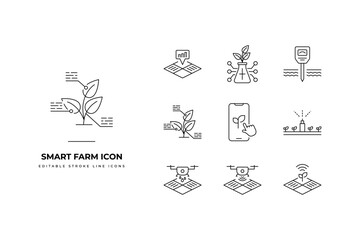Set of Smart Agriculture Icon Packs. Simple line art and editable stroke icon packs. agriculture, smart, farm, tech, icon, automate, system, drone, monitoring, sensor
