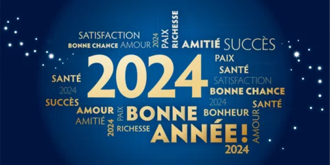 Foto op Canvas Carte de voeux – bonne année 2024 - bleu et dorée - Nous vous souhaitons Bonne Année 2024 Typographie en or de langue française sur fond bleu © Trueffelpix
