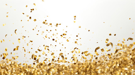 Golden confetti with ribbon. Falling shiny confetti glitters in gold color. New year, birthday,...