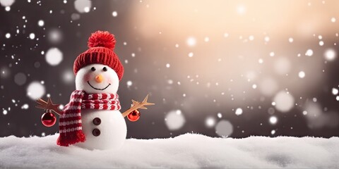 Naklejka na ściany i meble Festive winter charm. Adorable snowman in white snowy landscape perfect for christmas greeting cards. Winter wonderland. Cute in frosty outdoor scene ideal for celebratory holiday imagery