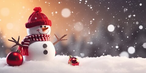 Obraz premium Festive winter charm. Adorable snowman in white snowy landscape perfect for christmas greeting cards. Winter wonderland. Cute in frosty outdoor scene ideal for celebratory holiday imagery