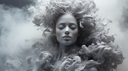 Fototapeta premium A wild and ethereal woman with white hair gazes pensively at a vibrant flower in this stunning outdoor portrait, capturing the essence of nature and art in one captivating image