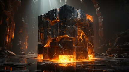Amidst the fiery chaos of a nature-encased factory, a black cube radiates a pulsing orange light, a wild symbol of the fierce heat and untamed power within