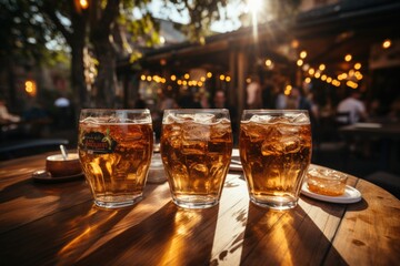 Three glasses of beer on a backlit terrace at sunset, AI generated - obrazy, fototapety, plakaty