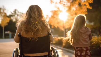 Young beautiful woman on a wheelchair, view from behind, backlight, AI generated - obrazy, fototapety, plakaty