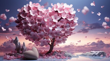 In the vibrant, infrared-lit sky, a delicate sakura tree blossoms with pink flowers, while a heart-shaped object rests gently at its base, evoking feelings of love and the beauty of nature - obrazy, fototapety, plakaty