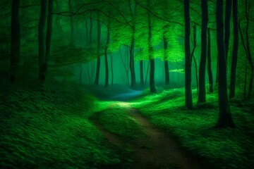 A park path with trees bathed in green light at night