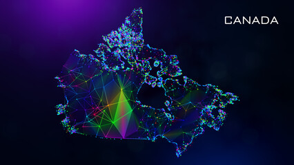Futuristic Sweet Canada Map Polygonal Blue Purple Colorful Connected Lines Dots And Facet Wireframe Network With Text On Hazy Flare Bokeh Background