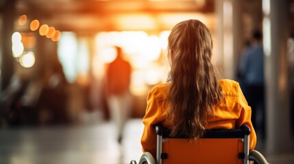Young beautiful woman on a wheelchair, view from behind, AI generated