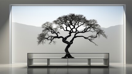 A tree stands tall against a painted sky, its roots anchored to indoor landscape while lone bench leans against the wall, symbol of stillness and contemplation amidst chaos of modern furniture