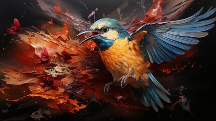 Fototapeta premium An animated masterpiece capturing the graceful flight of a colorful bird, its feathers painted with vibrant strokes of art, soaring through the sky in a whimsical cartoon world