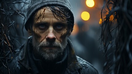 A mysterious figure with a thick beard and a hooded cloak exudes an air of intensity and ruggedness in this striking portrait of a man, his bushy moustache adding to allure of his enigmatic persona