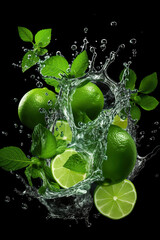 A splash of water with limes and mint leaves. Generative Ai