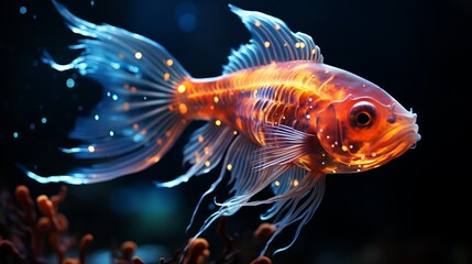 Fototapeta premium In the tranquil depths of the aquarium, a magnificent goldfish with glowing fins dances gracefully amidst the shimmering underwater world, an ethereal organism of fluid beauty