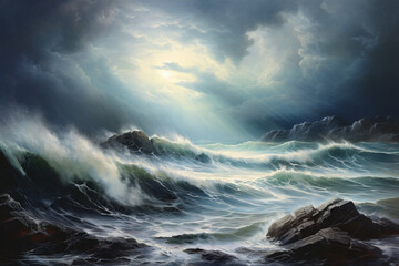 a stormy seascape, oil painting - obrazy, fototapety, plakaty