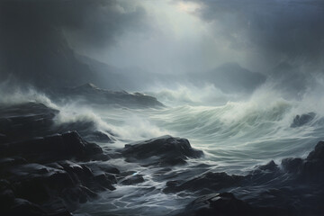 a stormy seascape, oil painting - obrazy, fototapety, plakaty