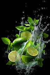 A splash of water with limes and mint leaves. Generative Ai