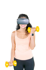 Happy Indian woman wearing virtual reality headset