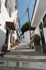 Fototapeta na wymiar narrow street in village city, Skiathos, Greece.