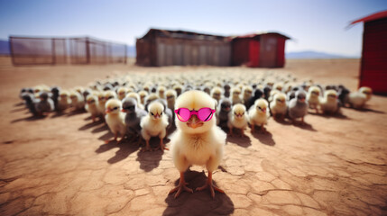 Standing out from the crowd and leadership concept with cute little baby chick in pink sunglasses standing in front of large group of chicks at the farm - obrazy, fototapety, plakaty