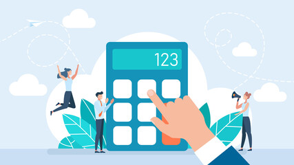 Accounting calculating finance, counting, pressing buttons with finger. Economy, accounting concept. Using calculator. Pressing buttons to add numbers. Mathematical count. Flat illustration - obrazy, fototapety, plakaty