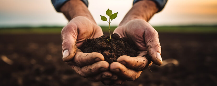 Agriculture Banner with close-up image of farmer hands holding small green seedling in the field