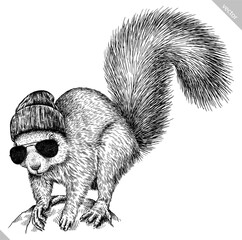 Vintage engraving isolated squirrel set illustration ink gnawer sketch. Forest background rodent animal silhouette art. Hand drawn vector image © Turaev