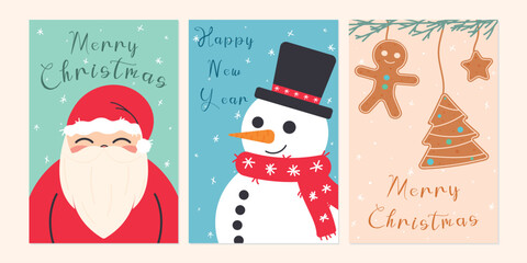 Ornate vertical winter holidays greeting cards with Santa Claus, snowman, cookies and typographic design in flat cozy style. Vector illustration of Christmas postcards.