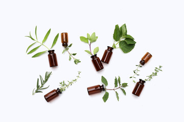 Fresh herbs with essential oil bottles on white background.