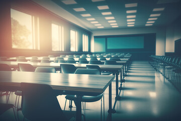 Empty defocused university classroom. Business conference room. Blurred school classroom without students with empty chairs and tables - obrazy, fototapety, plakaty