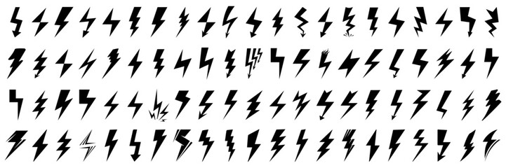 Lightning icons. Set of bolt icons. Charging, energy, storm, power, shock symbols. Black lightning icon collection
