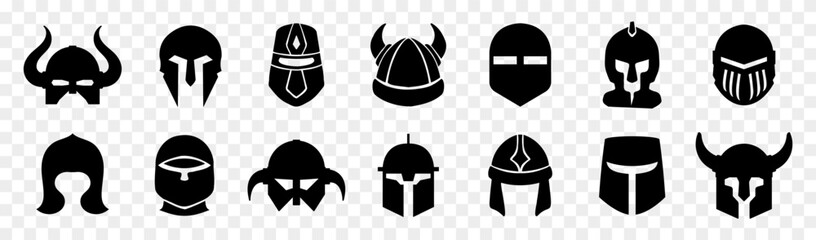 Ancient helmet icons. Set of different warrior helmet icons. Simple soldier helmet signs. Black helmet icons