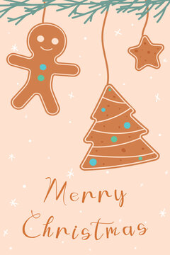 Ornate vertical winter holidays greeting card with cookies and typographic design in flat cozy style. Postcard with Christmas tree cookie, star and gingerbread man cookies. Vector illustration of Chri