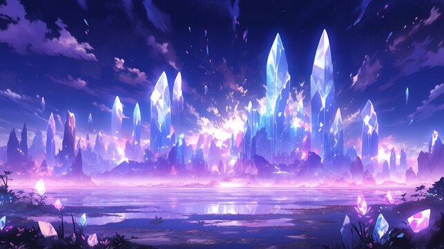the water and mountain reflects the deep purple and blue light, in the style of cosmic fantasy