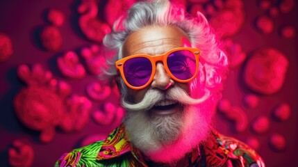 Smiling happy senior man in cool colorful neon outfit. Extravagant style, fashion concept background