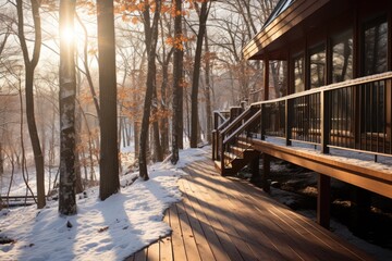 Snow-covered cozy terrace with railings near a wooden house in a winter park at dawn or sunset. Secluded hunting lodge, resort in the forest.