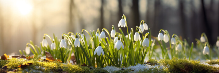 Snowdrops in the forest on a sunny spring day, sun shining through the trees, banner 