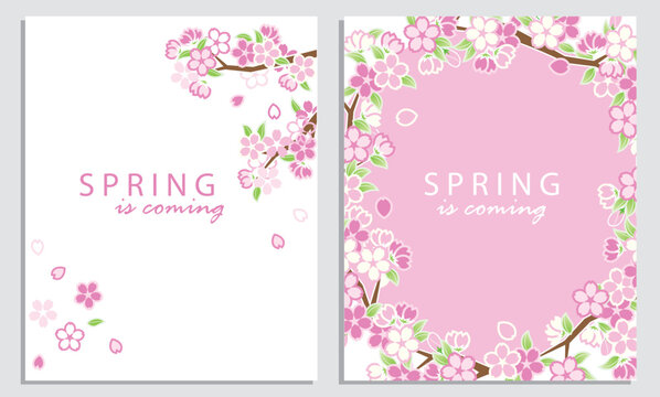 Set of sakura cards. Sakura greeting cards, banners and invitation card with blossom sakura flowers.