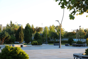 Early morning in the empty park nearly the river in Dnipro city