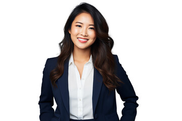 Portrait of young and successful Asian businesswoman wearing a black business suit, confident look, on transparent background, png file - obrazy, fototapety, plakaty